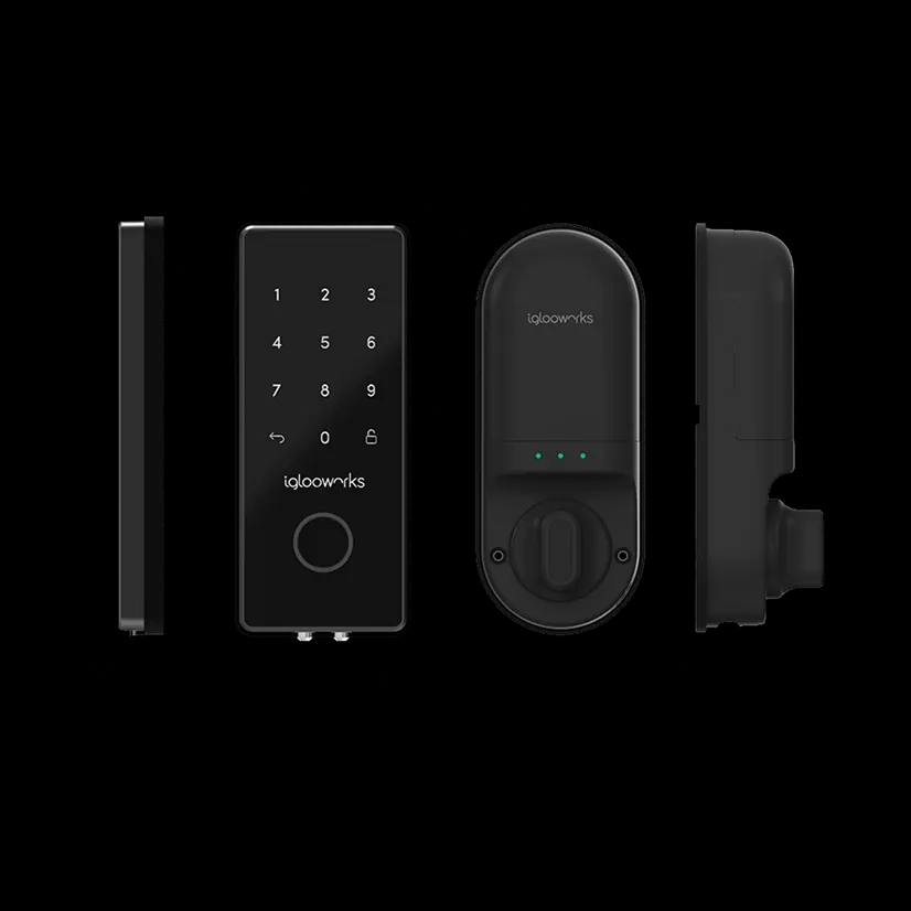 The igloo Cellular Deadbolt complete hardware: side profile, front keypad, rear unit and side view