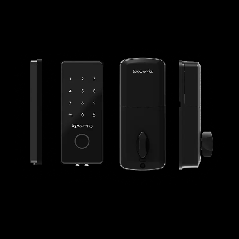 The igloo Deadbolt 2E complete hardware: side profile, front keypad, rear unit and side view