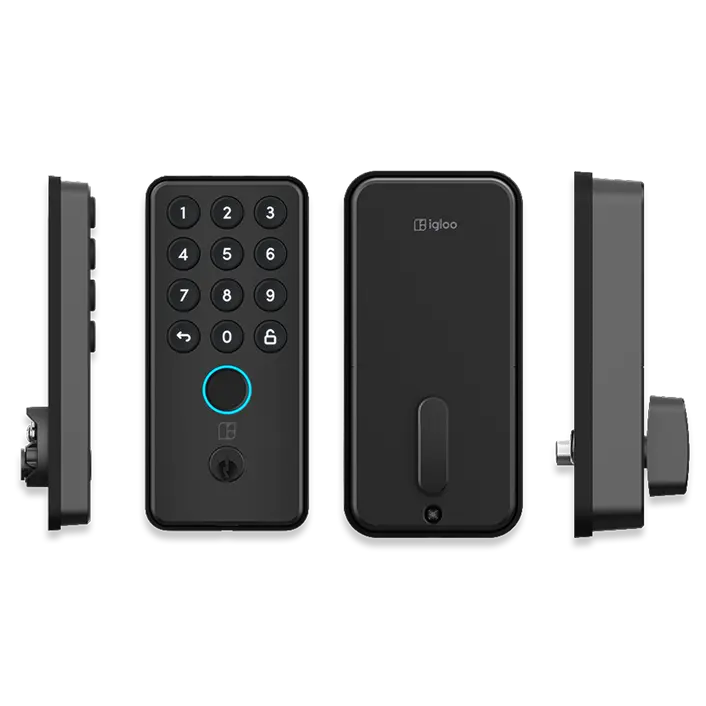 The igloo Deadbolt Go complete hardware: side profile, front keypad, rear unit and side view