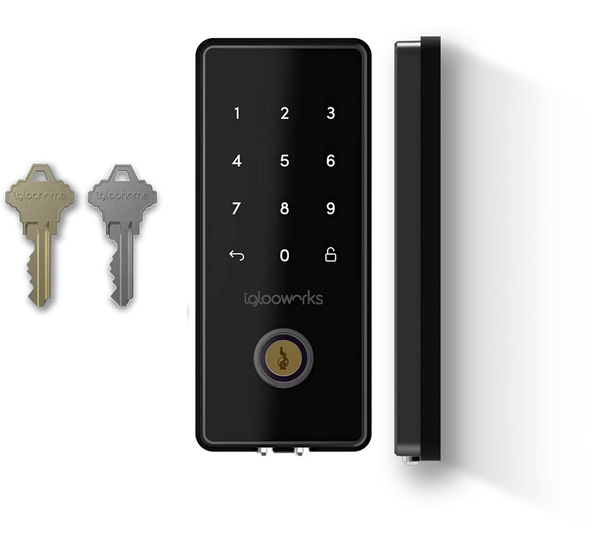 An igloo smart deadbolt keypad and its slim side profile beside a brass and a chrome physical backup key