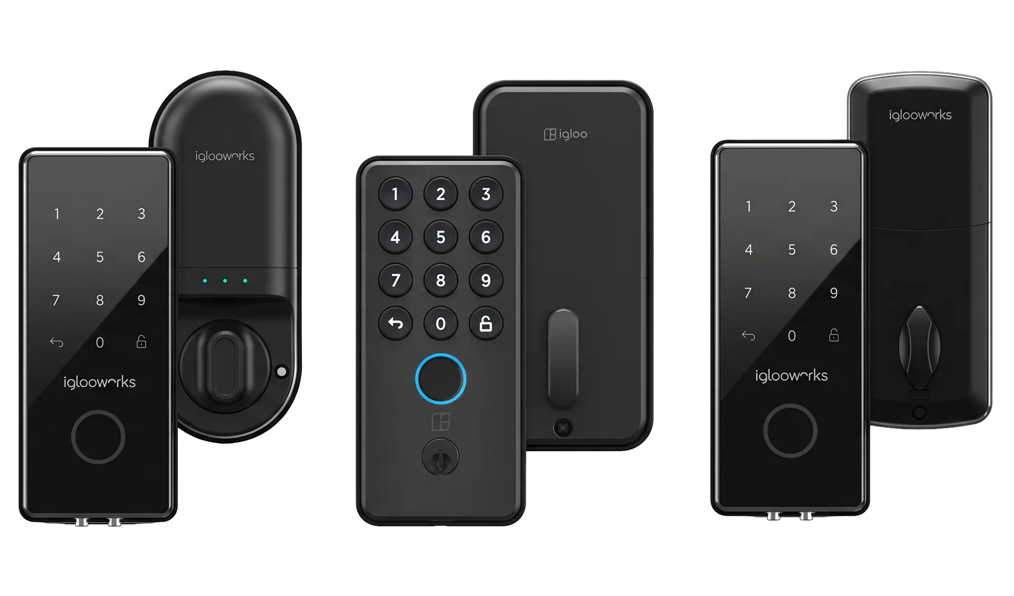The igloo smart deadbolt range side by side, each with its front keypad and rear thumbturn unit