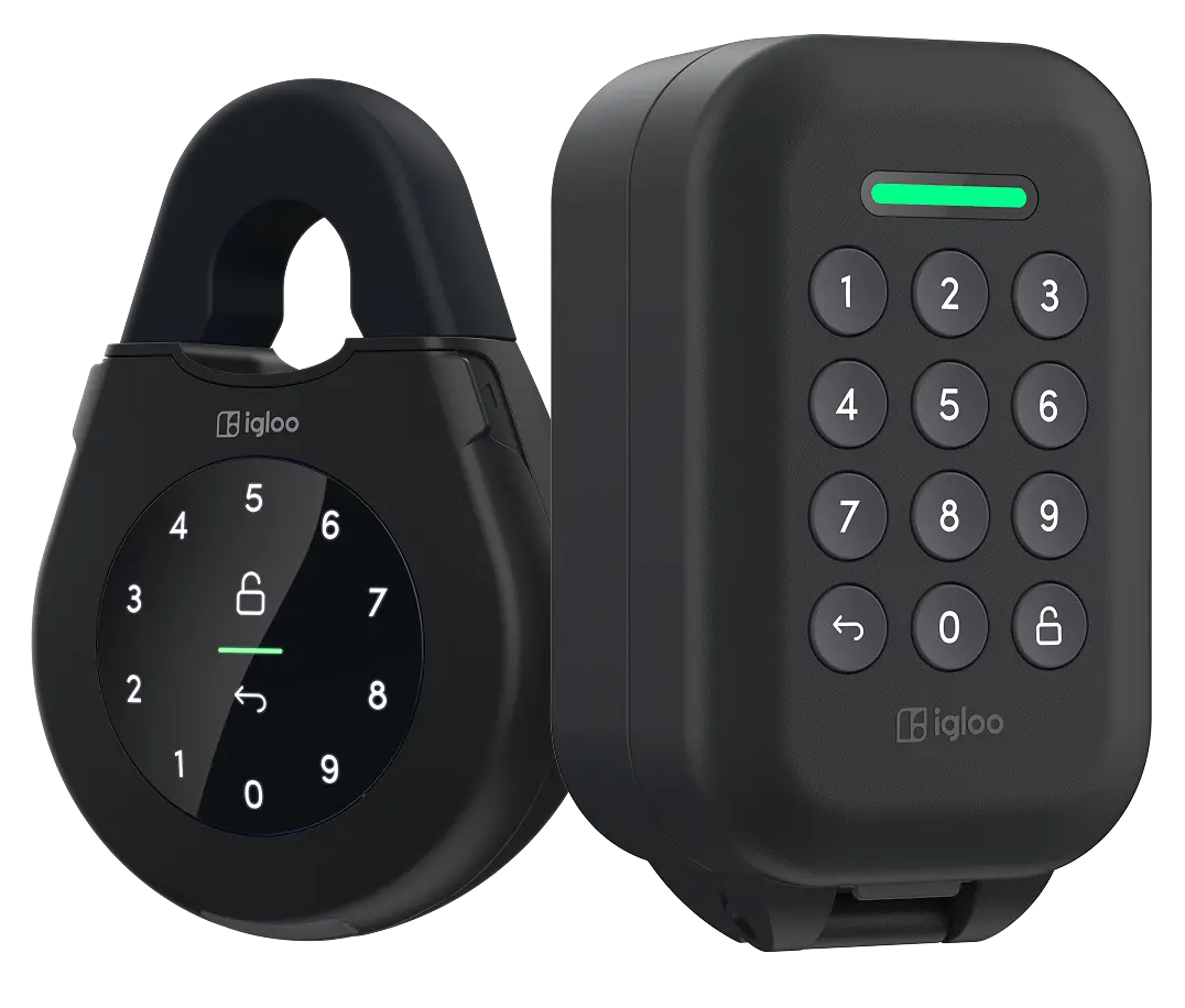 The igloo Lockbox and Keybox 3 side by side, both with lit keypads