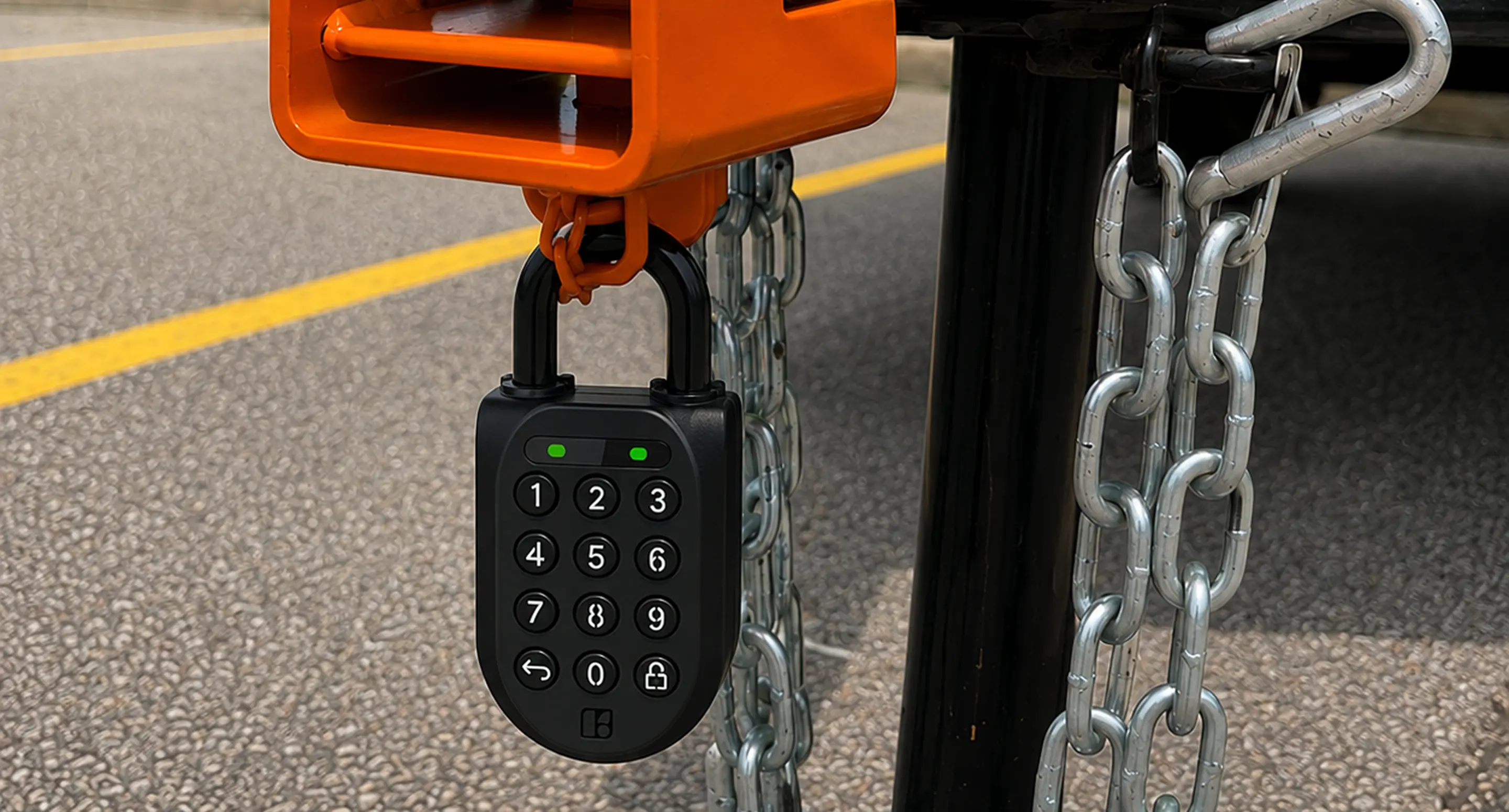 An igloo Padlock 2 locking an orange trailer hitch, its safety chains hanging alongside