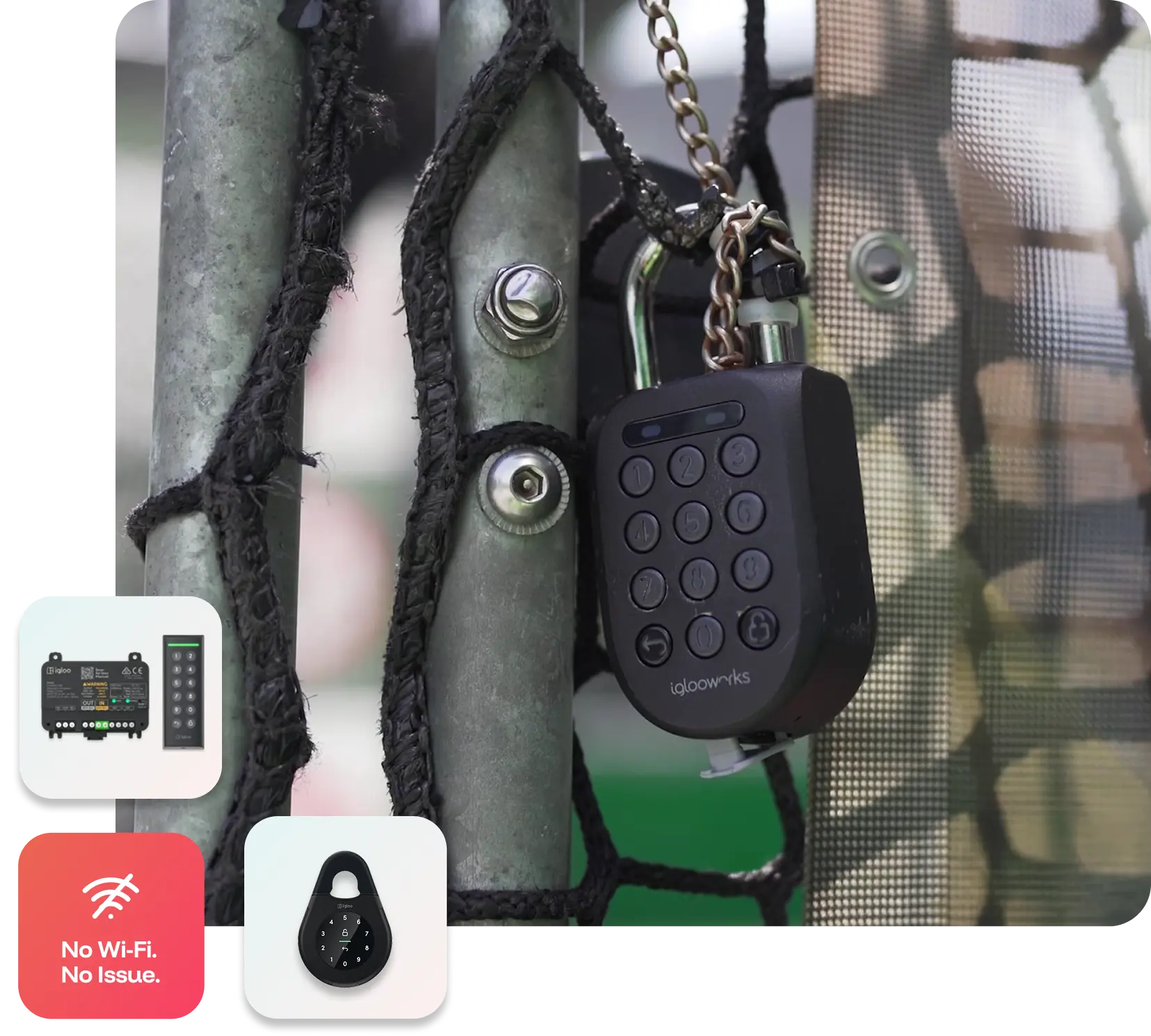An igloo smart padlock securing the gate of a self-serve sports court