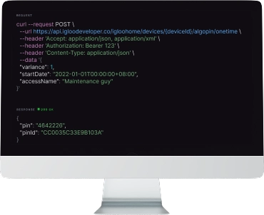 A desktop monitor showing an igloodeveloper API request that creates a one-time algoPIN and the 200 OK response with the PIN