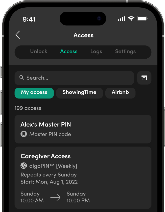 The igloohome app on an iPhone, listing saved access such as a master PIN and a recurring caregiver algoPIN