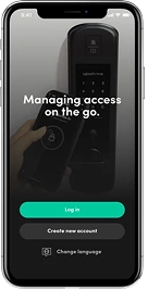 The igloohome app welcome screen on an iPhone, reading Managing access on the go above Log in and Create new account buttons