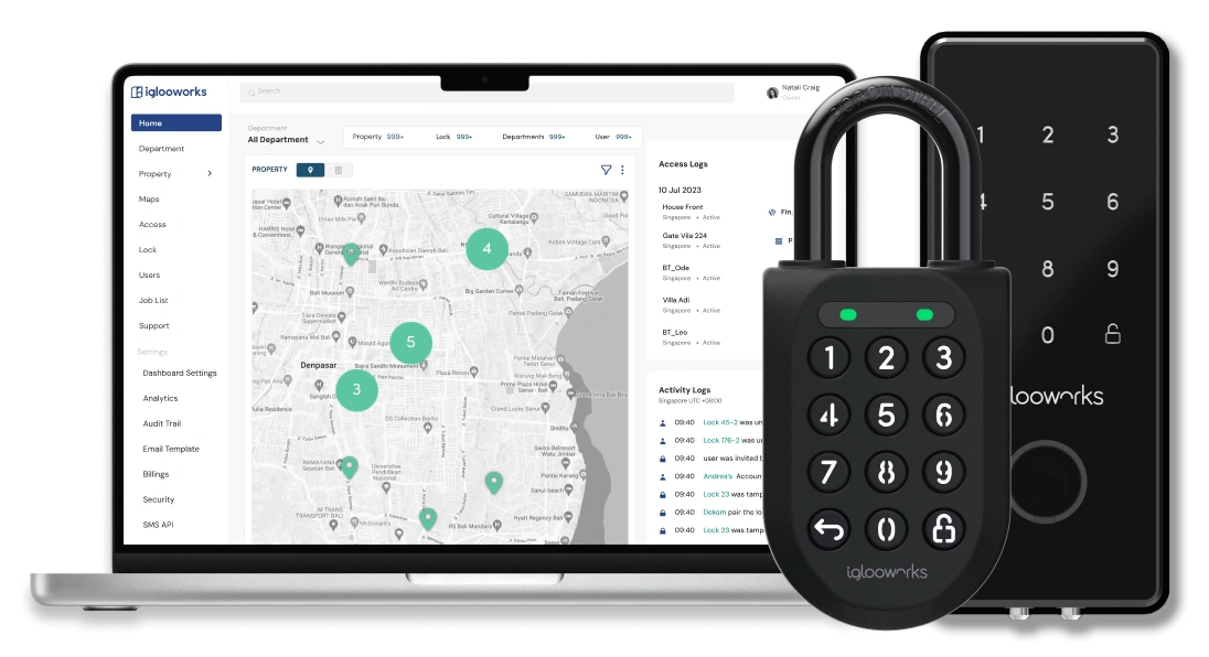 The iglooworks dashboard on a laptop with a property map and access logs, beside an igloo Padlock 2 and a keypad