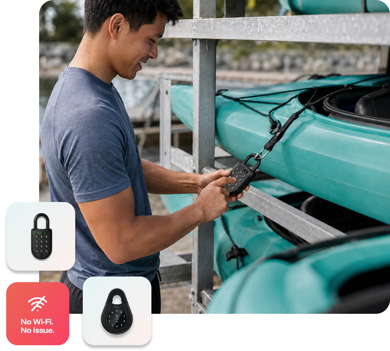A person unlocking a smart padlock to rent a kayak and paddle from a self-serve rack