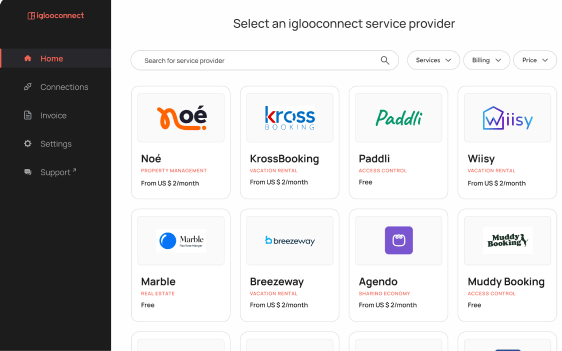 The iglooconnect dashboard showing short term rental service providers available to connect