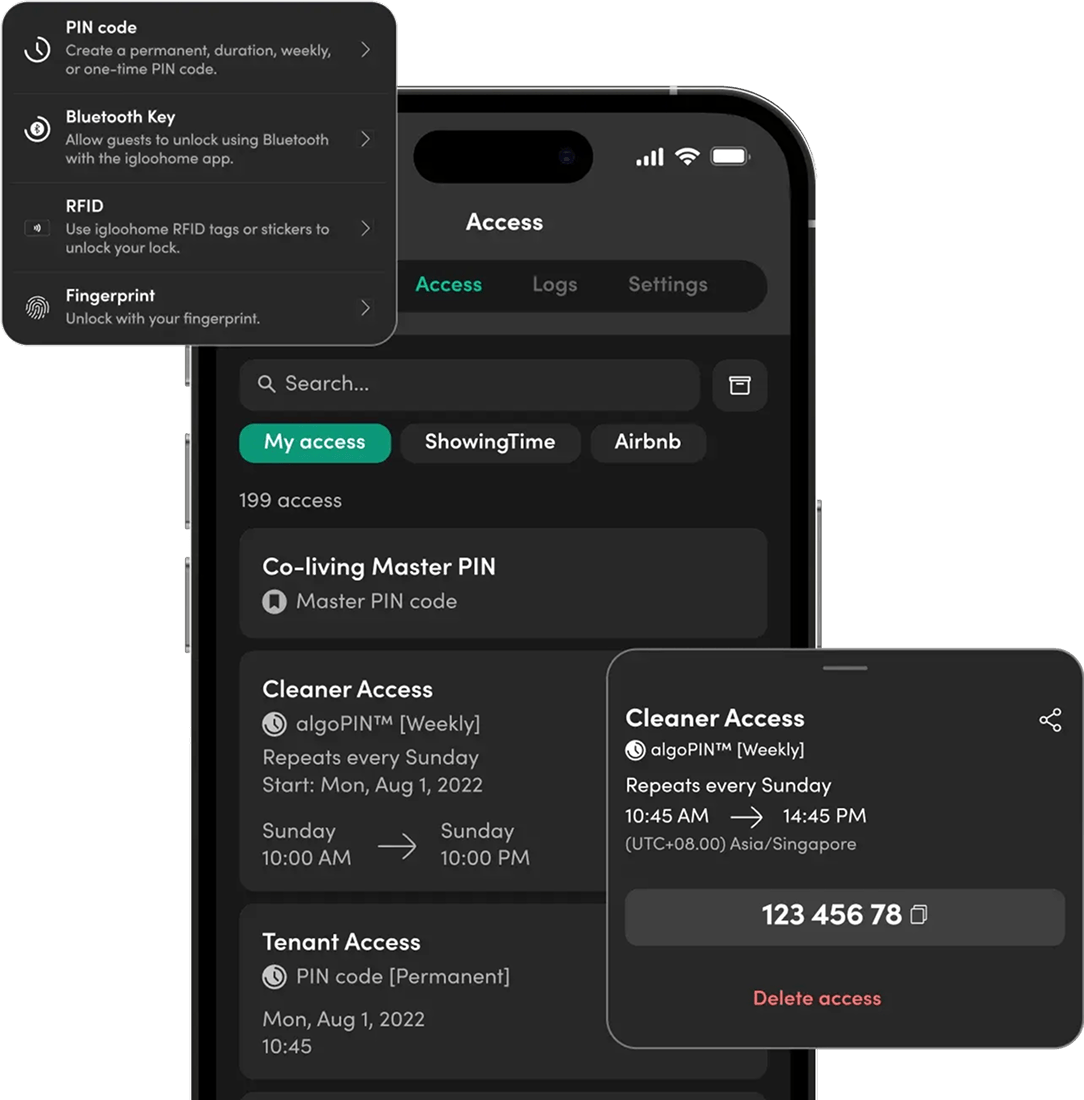 The igloohome app showing access management for an igloo smart lock