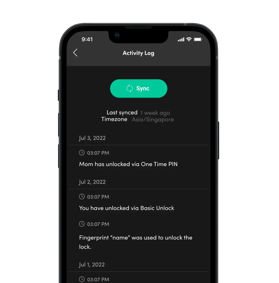 The igloohome app activity log listing every unlock event on an igloo smart lock