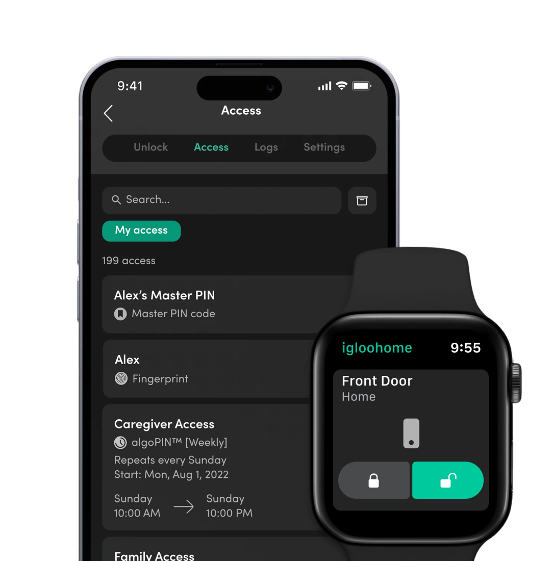 The igloohome app unlocking an igloo smart lock from an Apple Watch