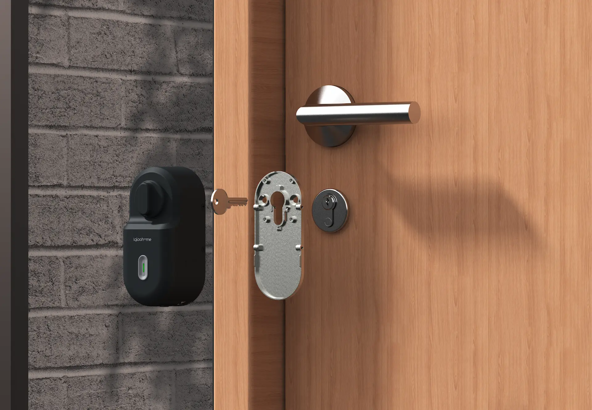 Smart lock installation on a wooden door with a silver handle, showing the lock mechanism, a key, and a brick wall background.