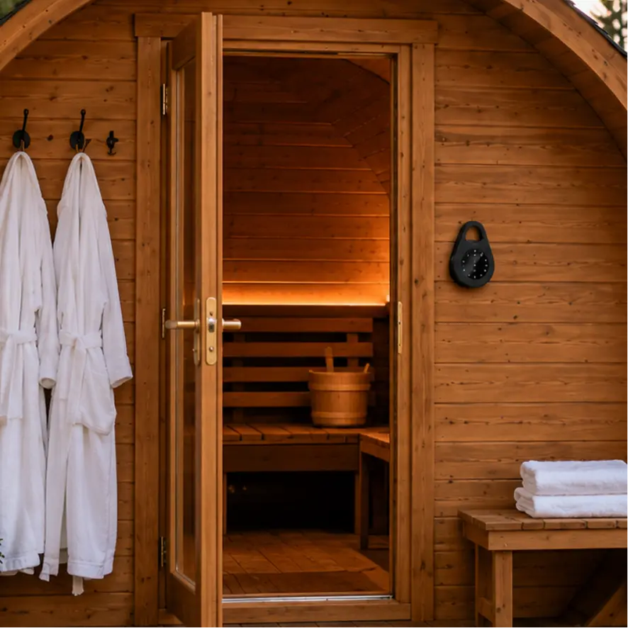 An igloo Keybox mounted beside the door of a barrel sauna hung with robes