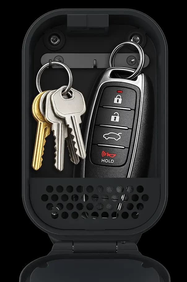 An open igloo Lockbox holding a bunch of house keys and a car key fob