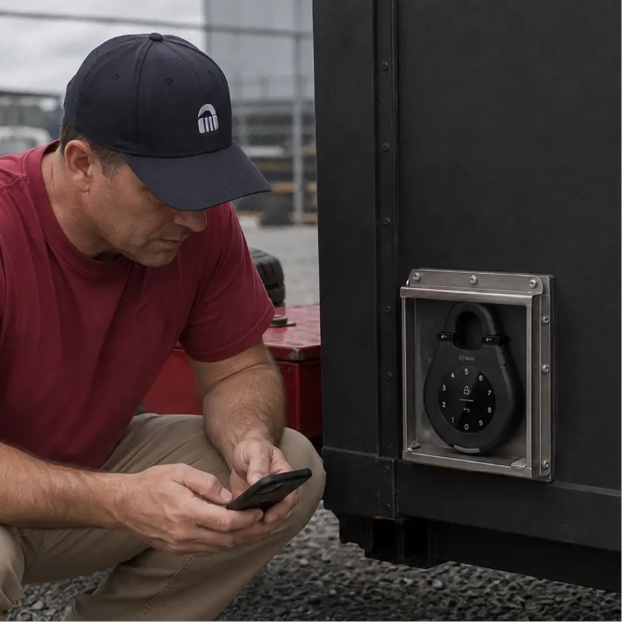 A man at a blue front door taking keys from an igloo Keybox while holding his phone