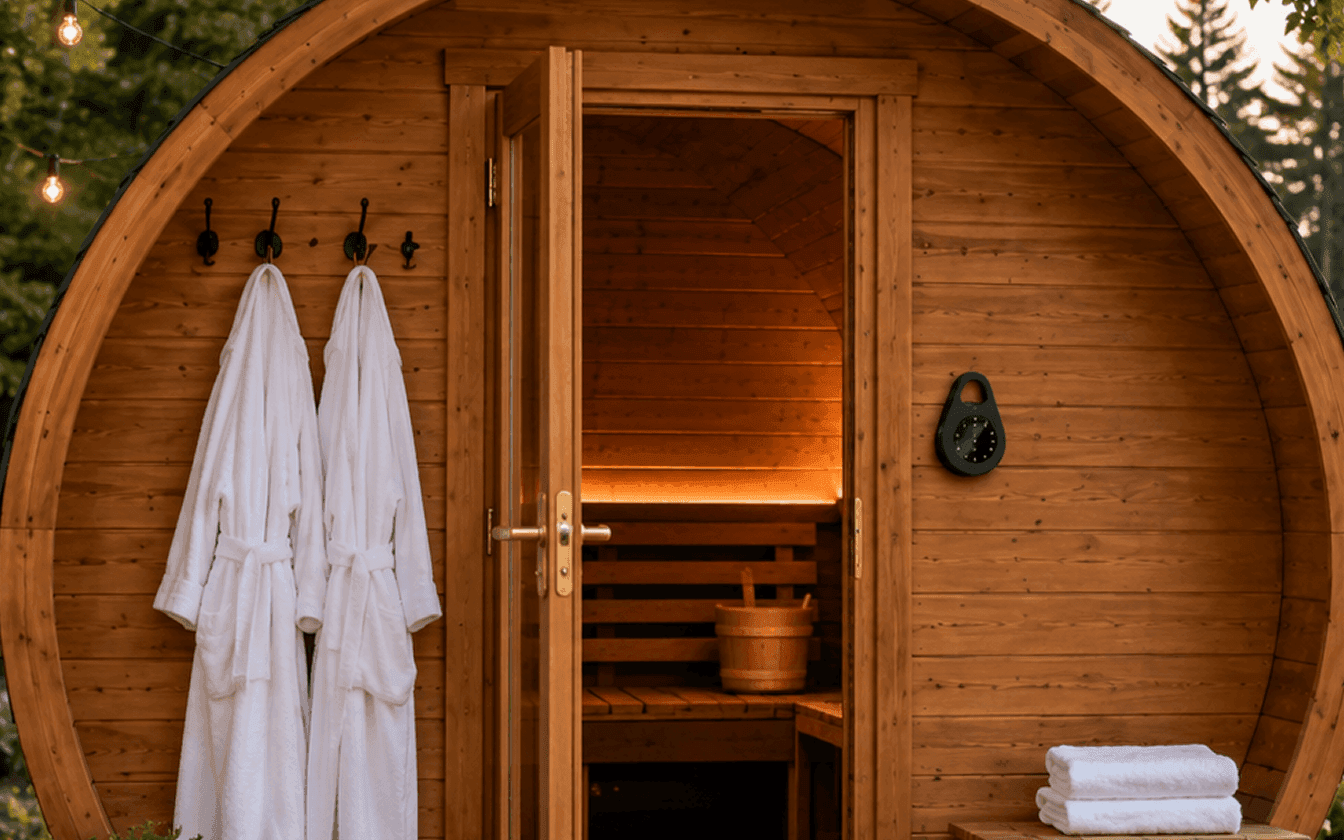 Barrel sauna with a keypad smart lock on the door, robes and towels ready for the next guest