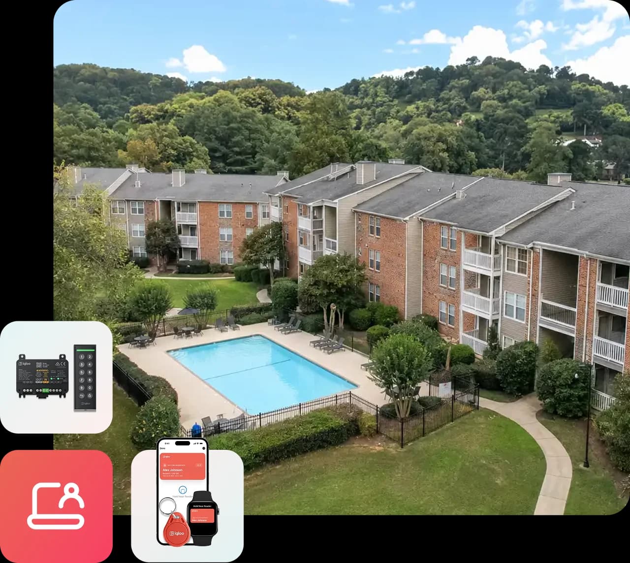 Multifamily apartment building with a swimming pool using smart lock access control