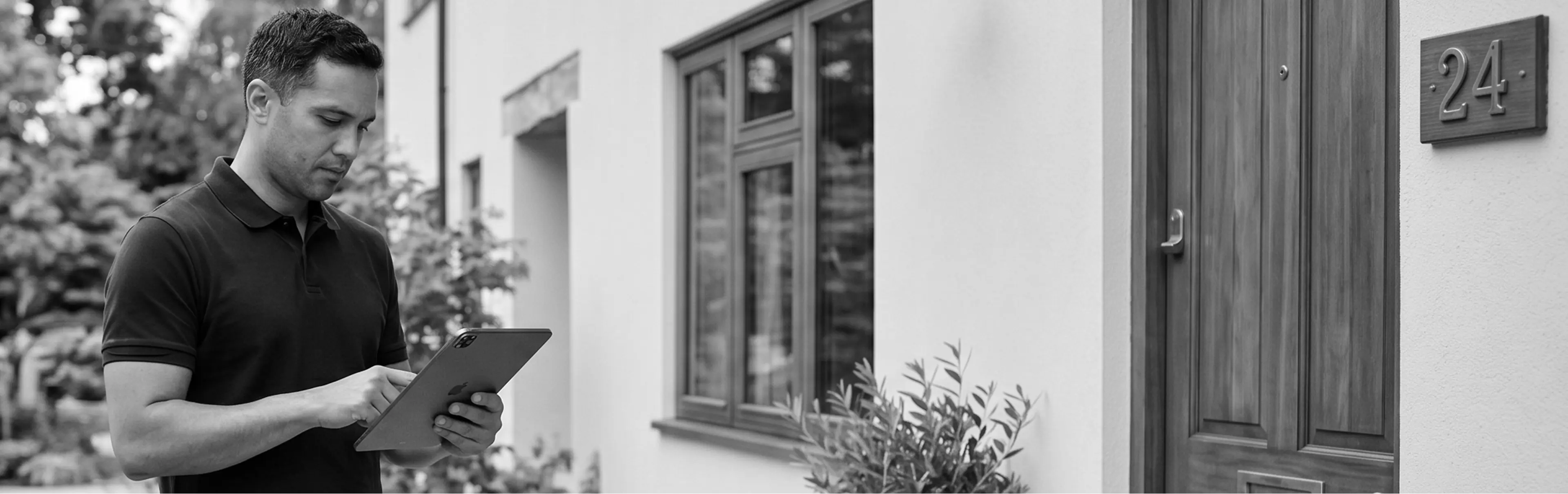 A short term rental manager checking bookings on a tablet outside a property fitted with an igloo smart lock