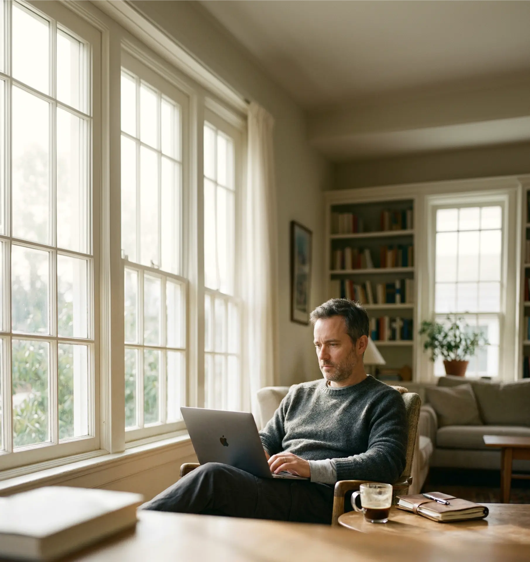A property manager in a grey sweater sitting in an armchair in a sunlit living room, working on a laptop with a coffee beside him