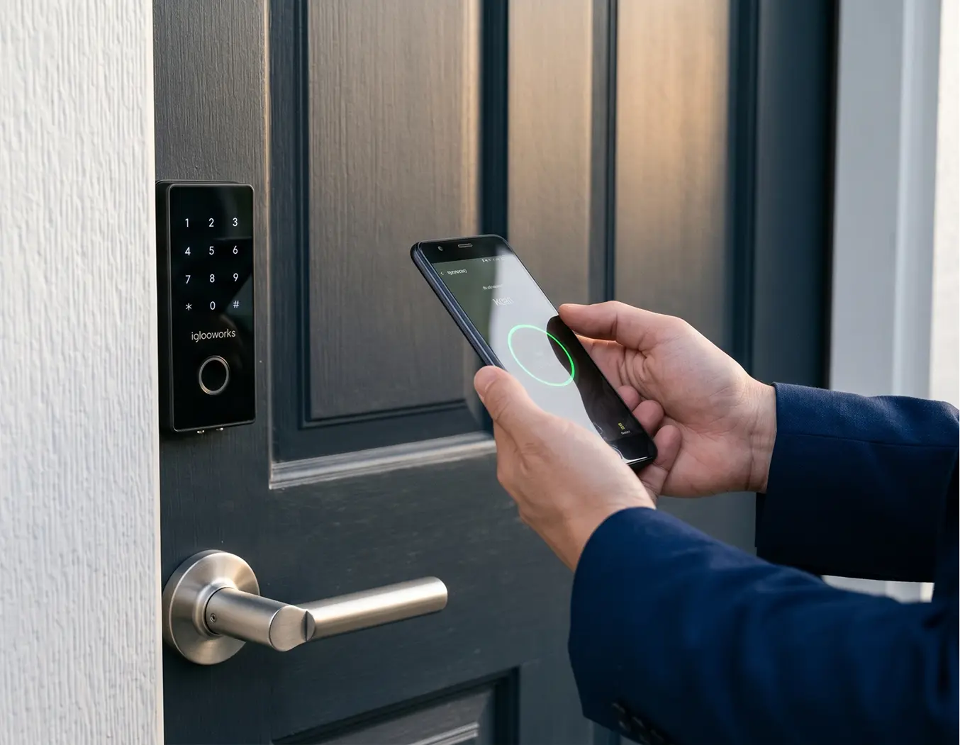 A person in a navy jacket unlocking an igloo smart deadbolt on a grey front door from the igloohome app on their phone
