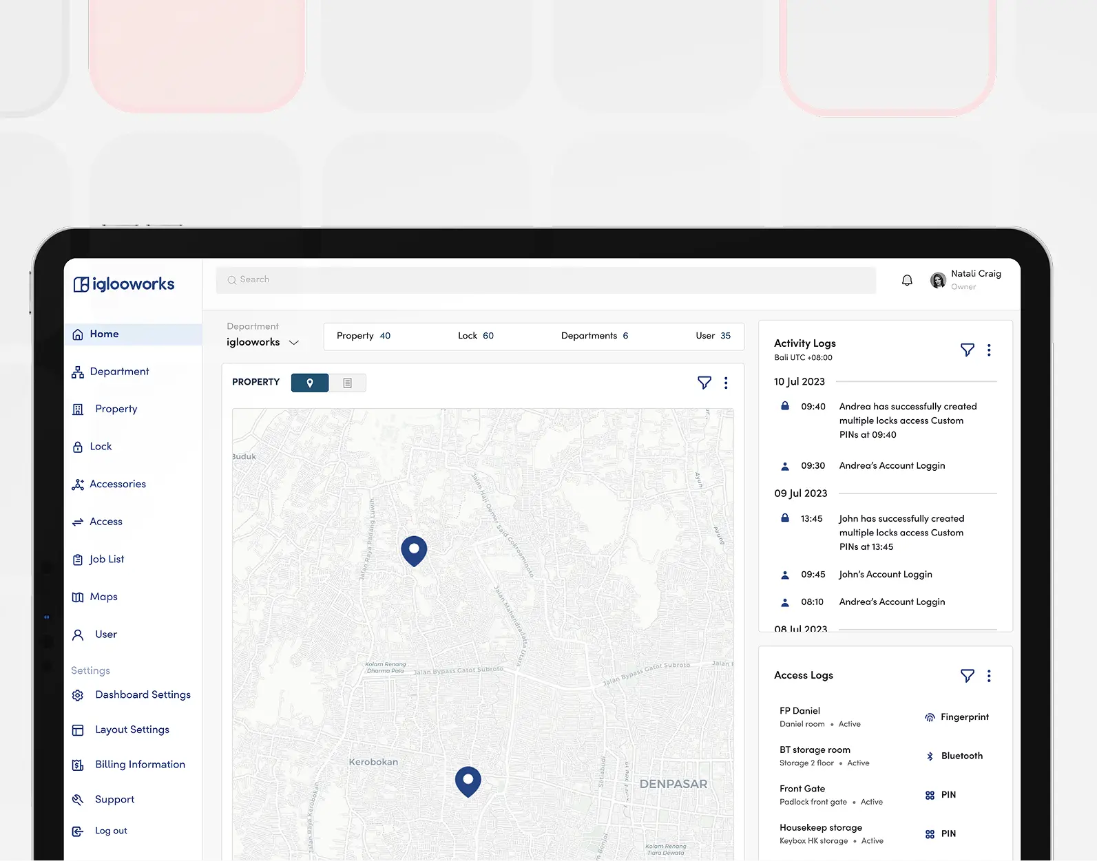 The iglooworks dashboard property map showing rental locations across a site