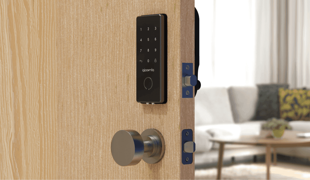 An igloo Deadbolt 2S smart lock installed on a rental home front door