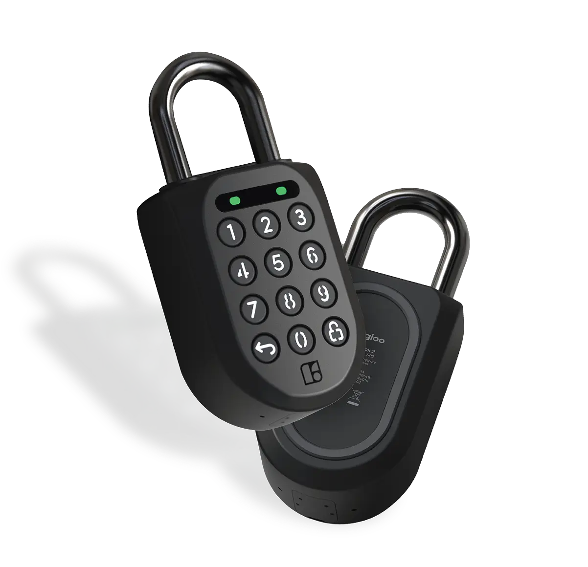 An igloo Padlock 2 shown front and back, the rear unit with its boron steel shackle swung open