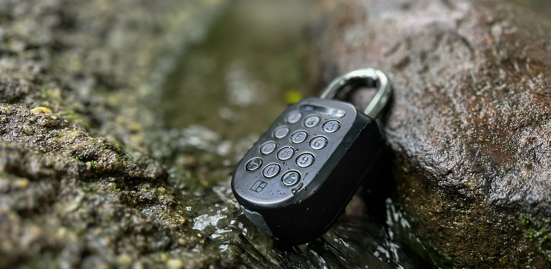 An igloo Padlock 2, beaded with water, resting on mossy wet rocks beside a running stream