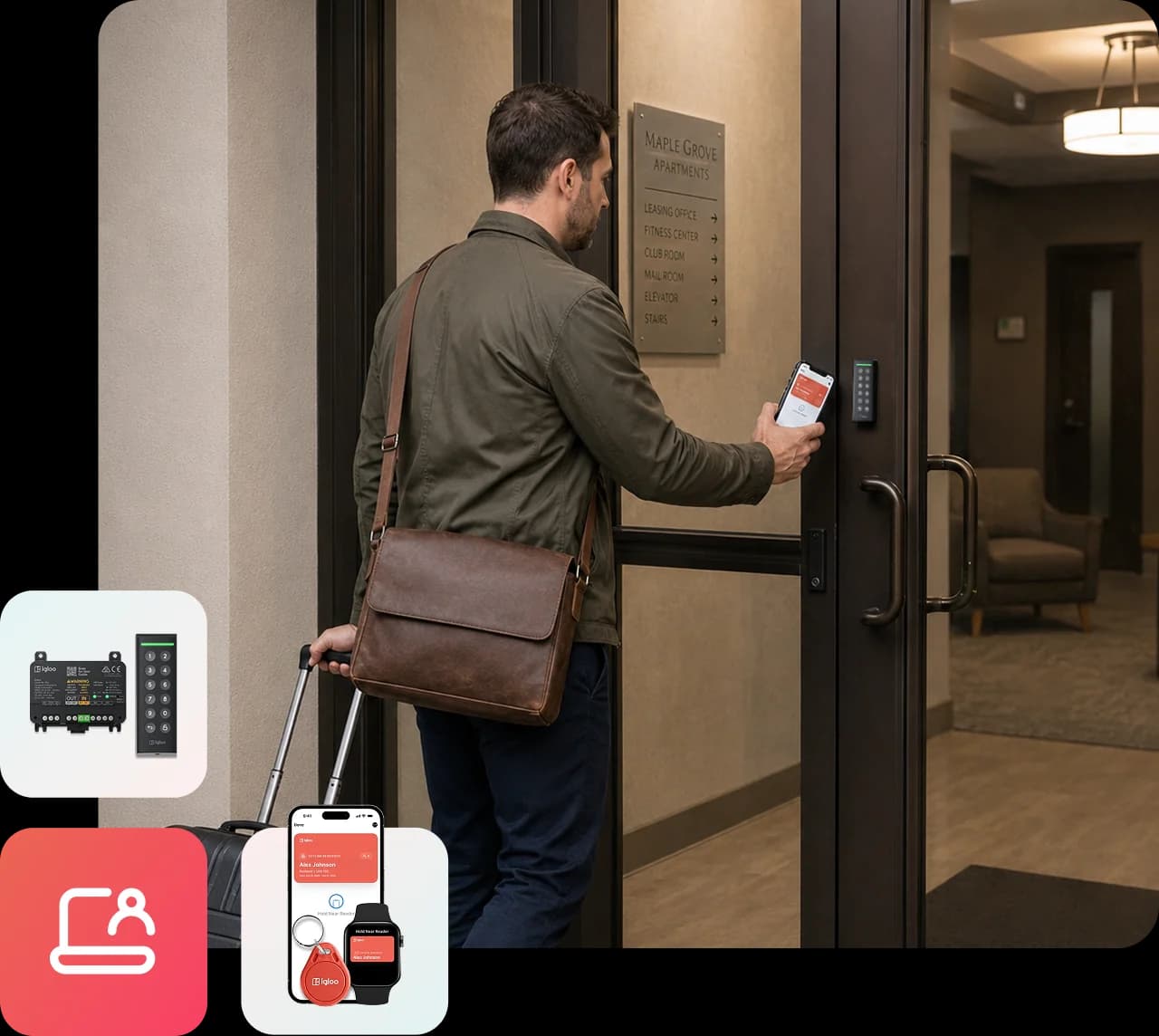 Man unlocking a multifamily building entrance with an igloo smart lock