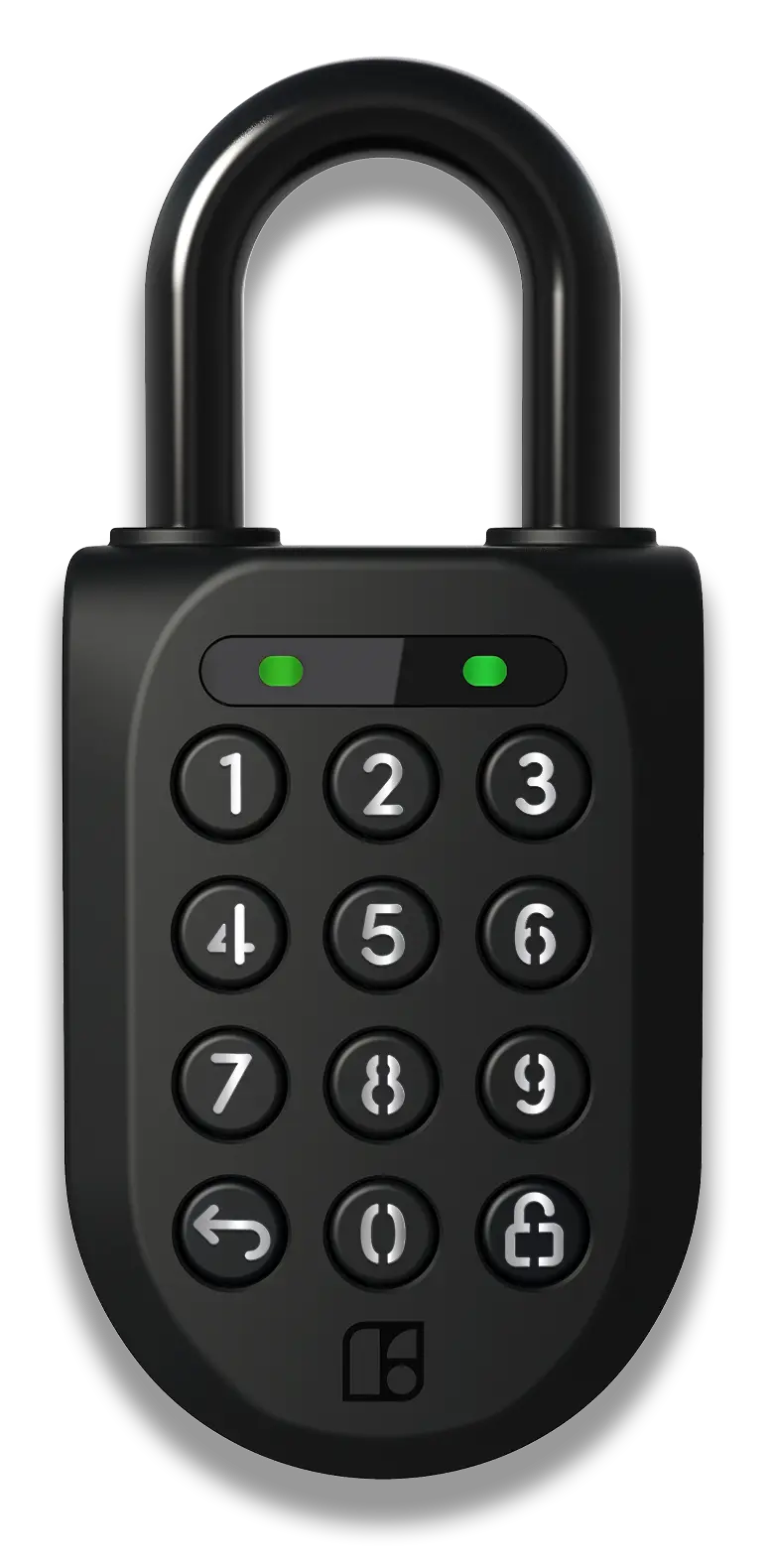 Front view of the igloo Padlock 2, a black smart padlock with a backlit PIN keypad and hardened steel shackle