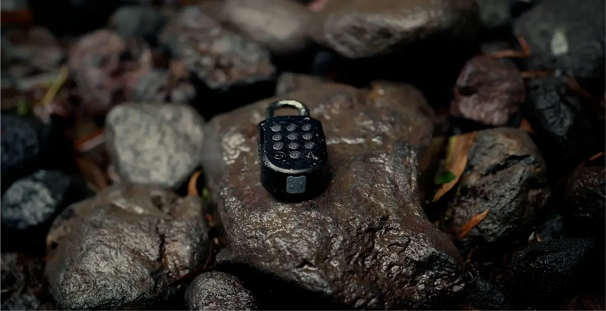 An igloo Padlock 2 resting on a wet rock among dark, rain-soaked stones