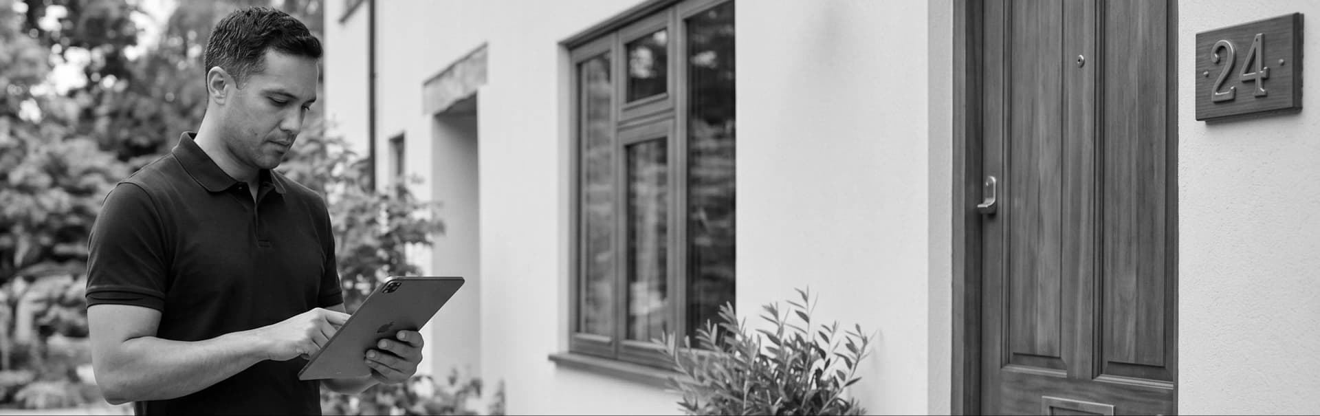 A short term rental manager checking bookings on a tablet outside a property fitted with an igloo smart lock