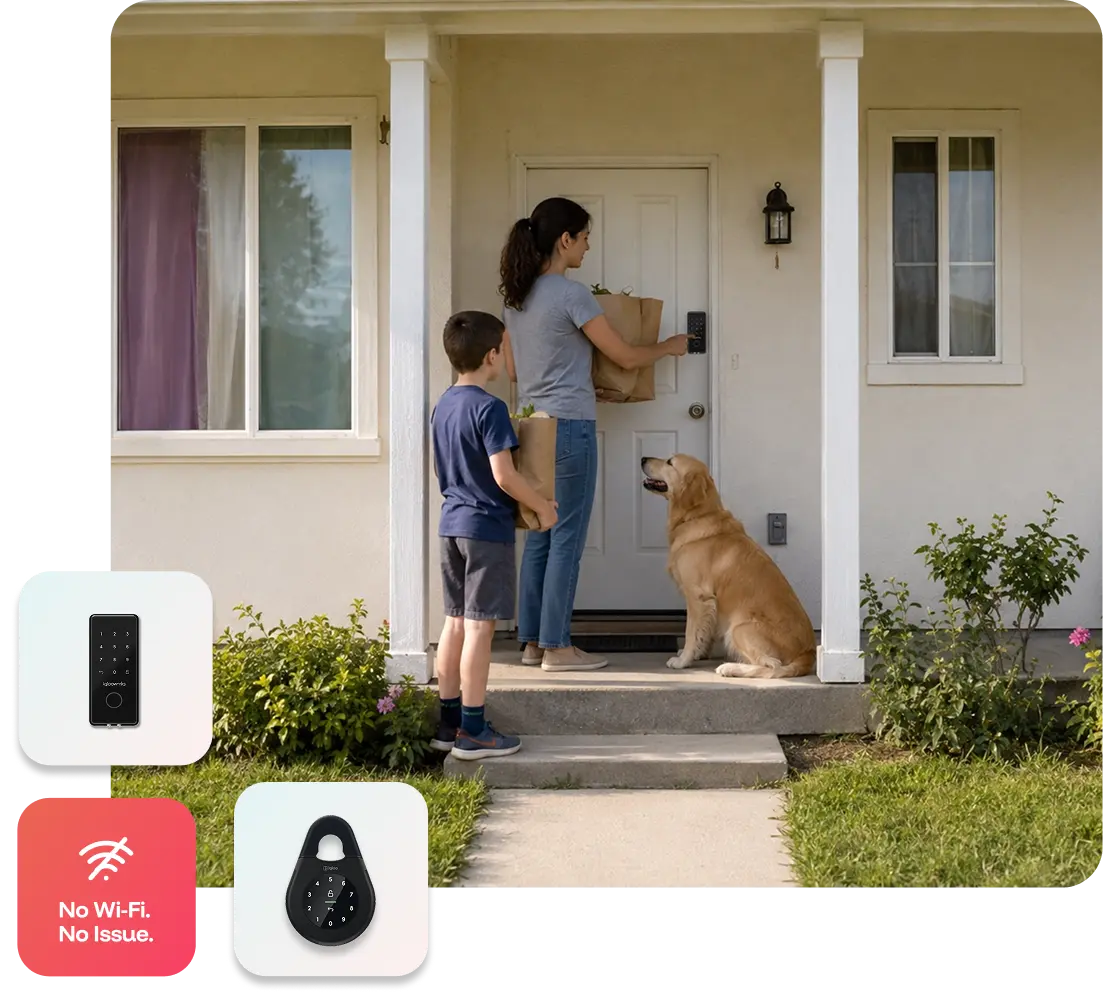 A mother unlocking her single family rental home with the igloohome app on her phone