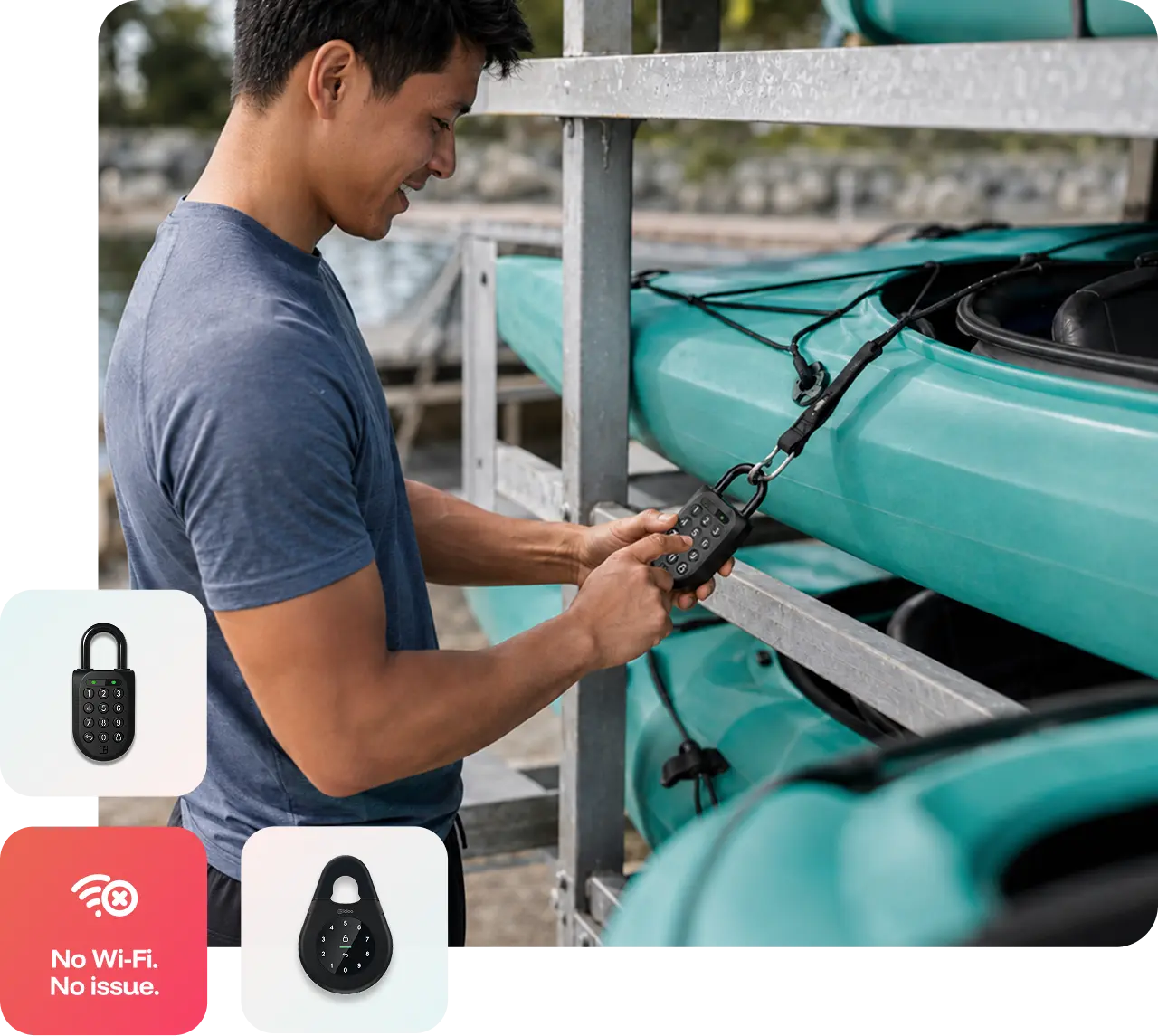 Man unlocking an igloo smart padlock on a self serve kayak rental rack, beside igloo padlock and no Wi-Fi badges