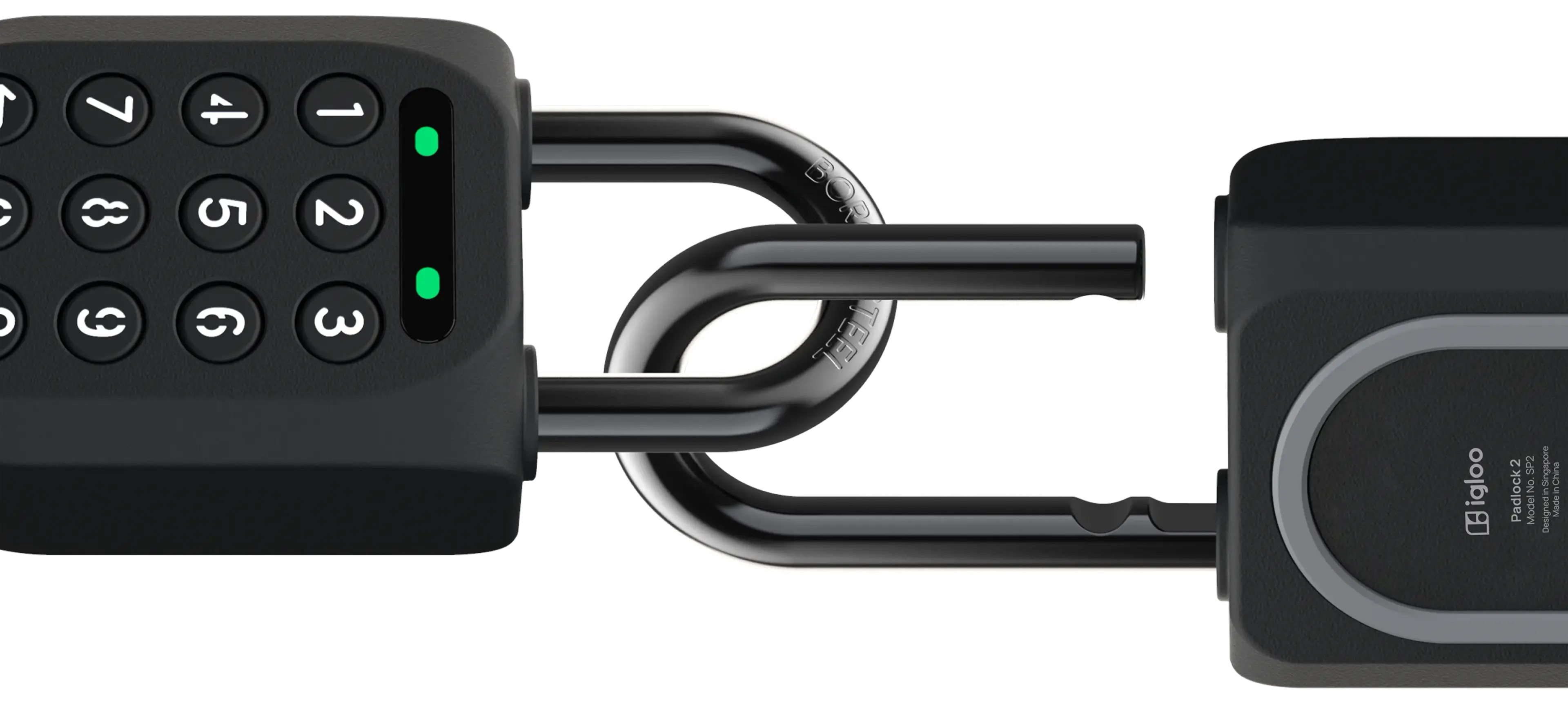 Two igloo Padlock 2 smart padlocks linked shackle through shackle, the boron steel marking visible