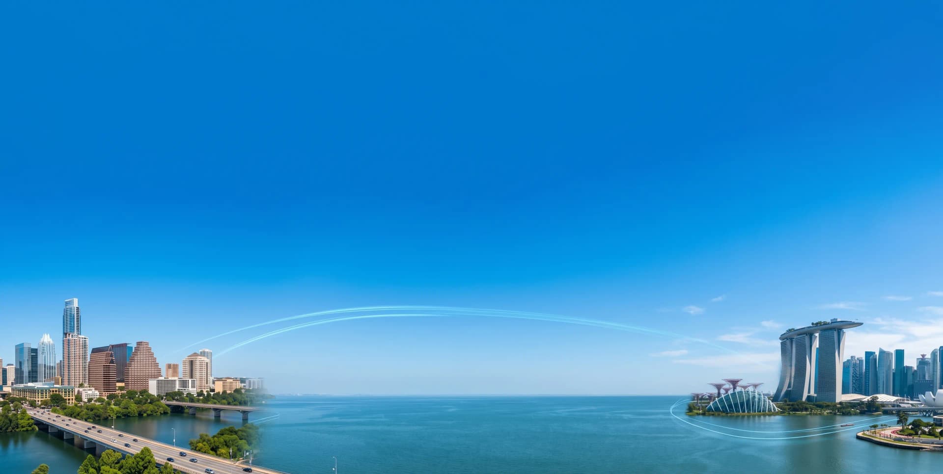 Austin skyline on the left and Singapore's Marina Bay Sands on the right, across open water, joined by arcs of light under a blue sky