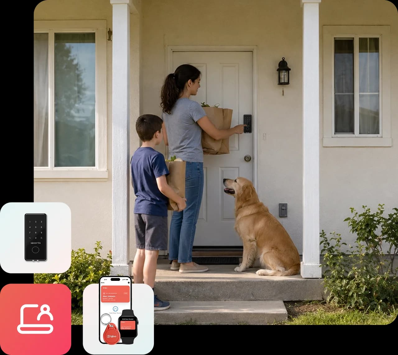 Woman unlocking the front door of a single family rental house with an igloo smart lock