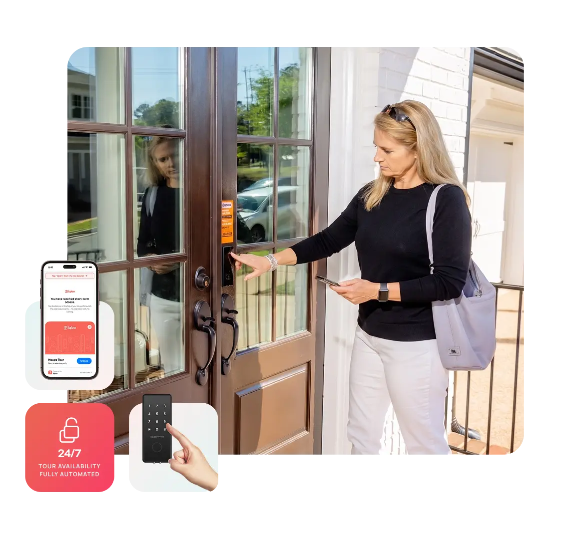 A woman entering a PIN on a smart deadbolt to start a self-guided tour