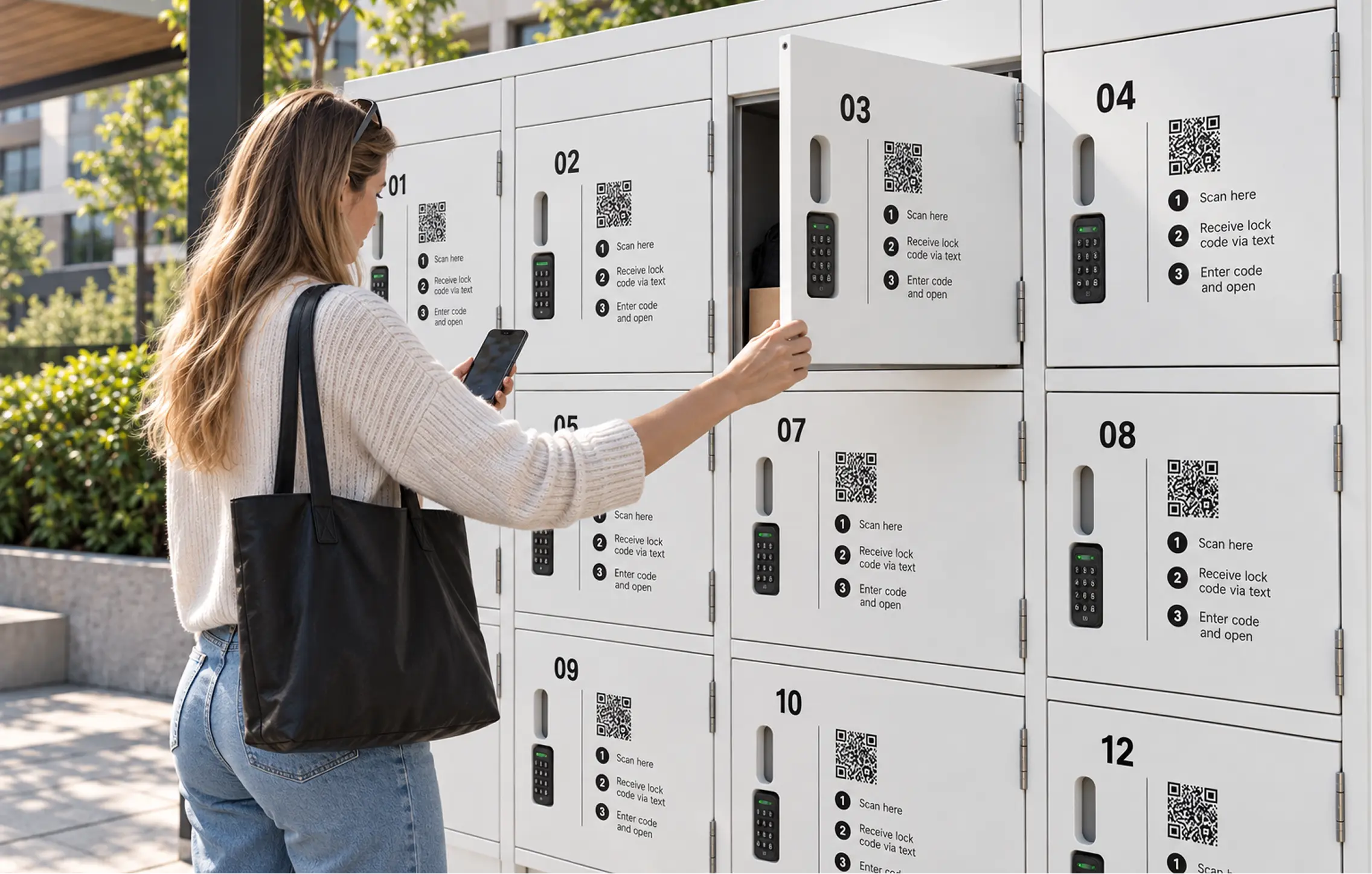 A woman unlocking a custom locker with an igloo smart lock