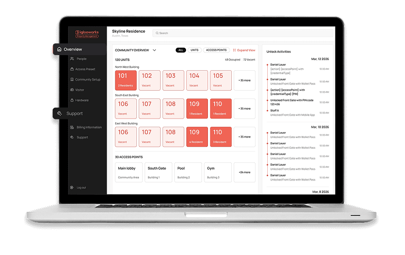 The iglooworks property management dashboard on a laptop, alongside the mobile app, smart watch, key fob and keypad smart lock