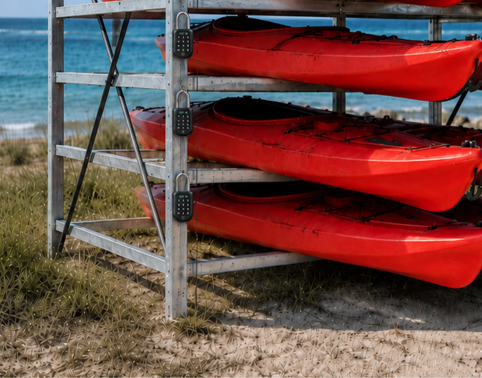 Kayaks stored on a self-serve waterside rental rack