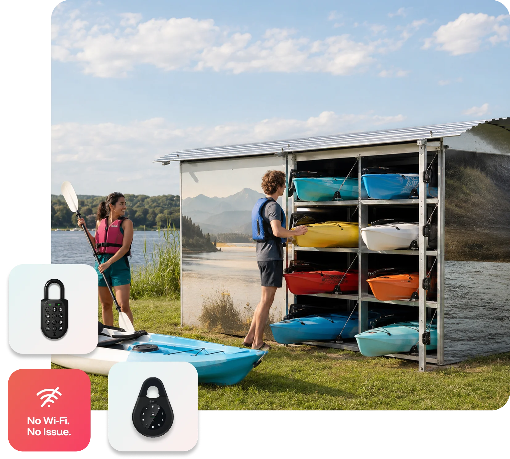 People collecting a kayak from a self-serve waterside rental rack